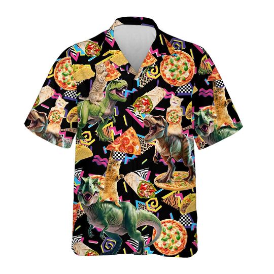 Retro Cat Riding Dinosaur Hawaiian Shirt, Dinosaur Cat Taco Pizza Hawaiian Shirt