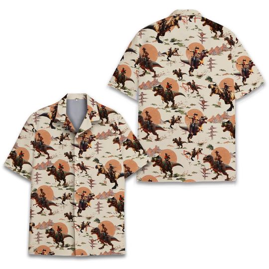 Western Cowboy Dinosaur Hawaiian Shirt, Retro Cowboy Hawaiian Shirt