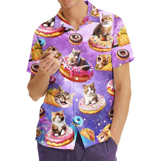 Galaxy Cat Hawaiian Shirts for Men Women, Summer Beach Space Cat Hawaiian Shirt