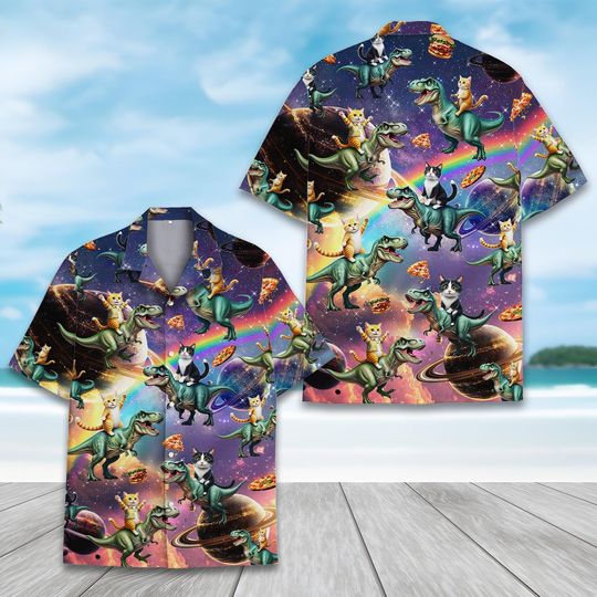 Cat Riding Dinosaur Hawaiian Shirt, Space Cat Dinosaur Button Up Hawaiian Shirt