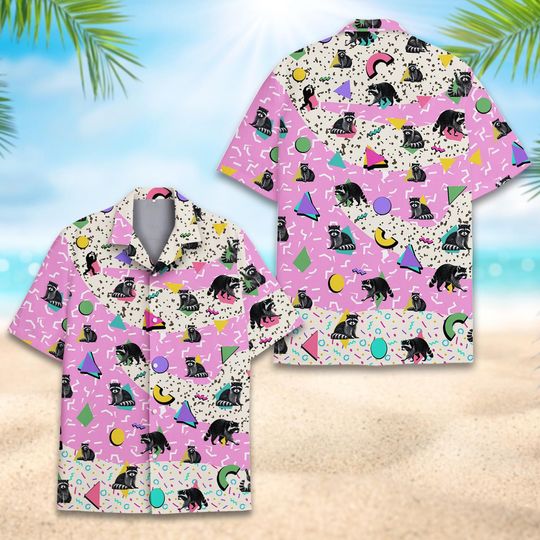 Raccoon Retro 80s 90s Style Hawaiian Shirt, Colorful Geometric Pattern Hawaiian Shirt
