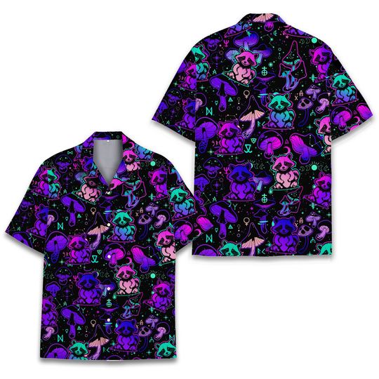 Raccoon And Mushroom Hawaiian Shirt, Psychedelic Mushroom Hawaiian Shirt