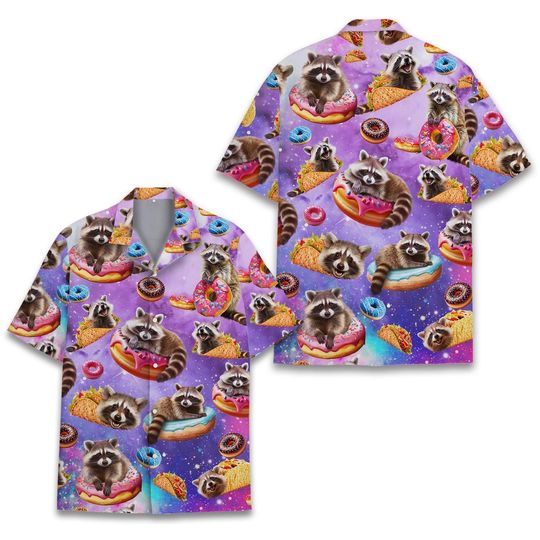 Raccoon Hawaiian Shirt, Taco Raccoon Donut Button Up Hawaiian Shirt