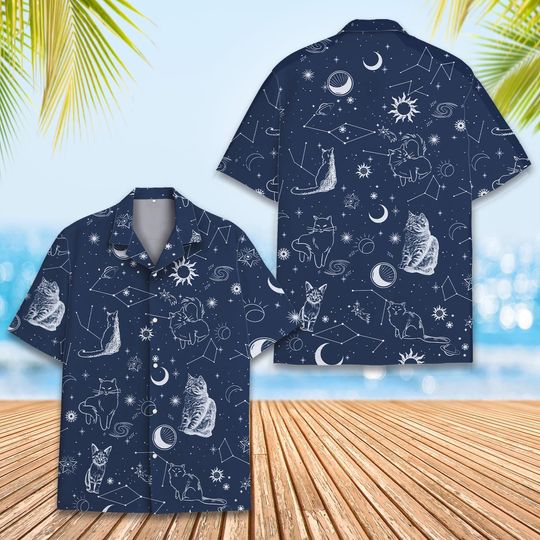 Space Cat Hawaiian Shirt Men Women, Celestial Cat Hawaiian Shirt