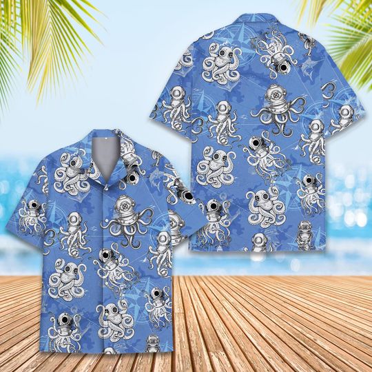 Nautical Octopus Hawaiian Shirt, Vintage Diving Helmet Octopus Summer Hawaiian Shirt