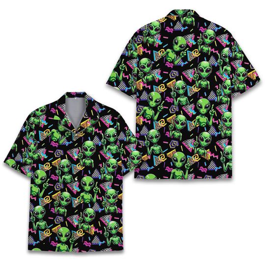 Retro Alien Hawaiian Shirt, Alien Summer Beach Aloha Hawaiian Shirt, Retro 80s 90s Alien Lover Hawaiian Shirt
