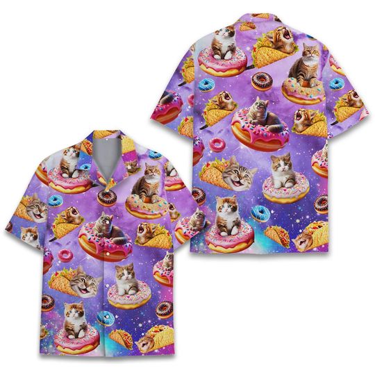 Galaxy Cat Hawaiian Shirts for Men Women, Summer Beach Space Cat Hawaiian Shirt