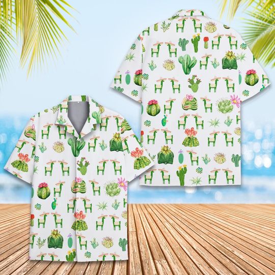 Cactus and Llama Hawaiian Shirt, Unique Eco-Friendly Vacation Beachwear Hawaiian Shirt