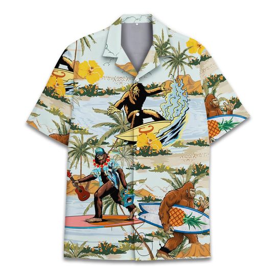 Tropical Bigfoot Hawaiian Shirt, Bigfoot Surfing Button Up Hawaiian Shirt, Bigfoot Hawaiian Shirt