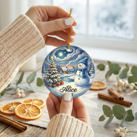 Personalized Snowman Ceramic Ornament 2025, Custom Name Baby First Christmas Gift