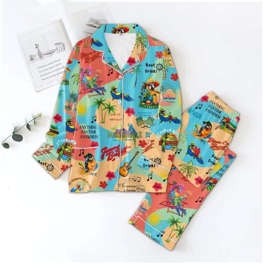 Jimmy Buffett  Pajamas Set Pajamas Set Long Sleeve Home Wear Satin Fabric Two-Piece Set, Gift for Her on Birthday, Anniversary