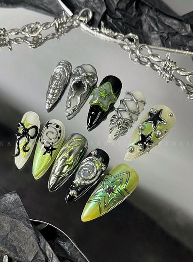 Handmade Green Chrome Press On Nails: 3D Y2K Nail Art