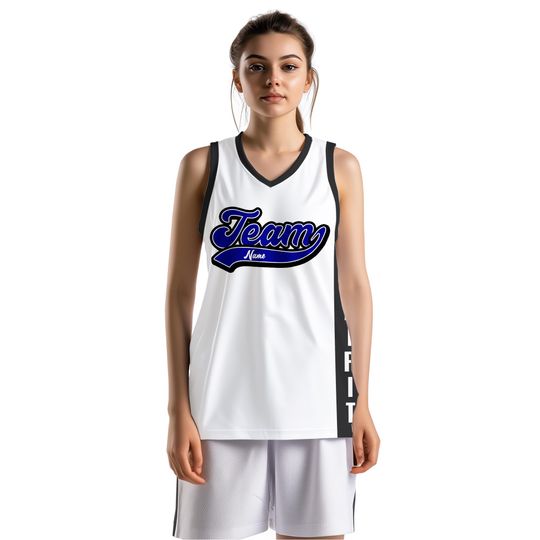 Custom Basketball Jersey - Personalized Sports Team Uniform, Heat Pressed, Custom Name & Number - White with Bold Team Spirit Design