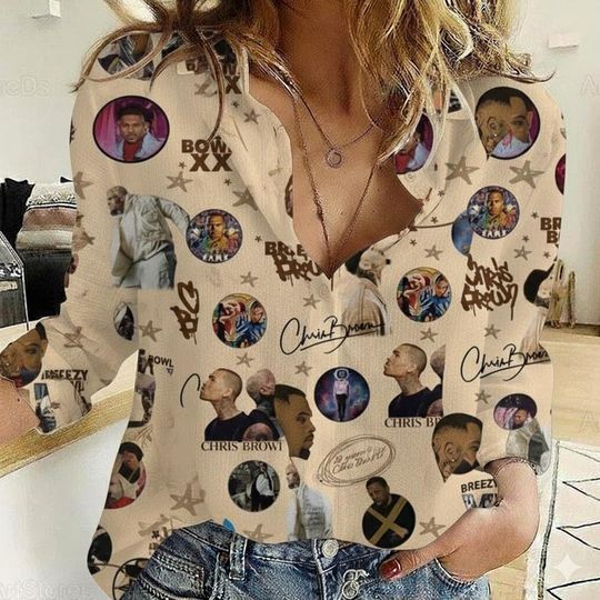 Women's Chris Brown Blouse Shirt, Breezy Bowl XX Tour Blouse, Concert Outfit Merch, Hip Hop Fan Gift, Button Down Top