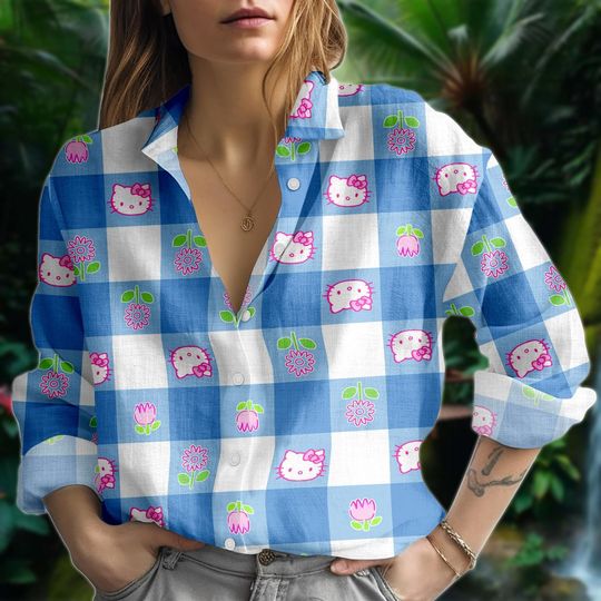 Hello Kitty Tropical Blouse, Kawaii Cat Floral Casual Shirt for Women
