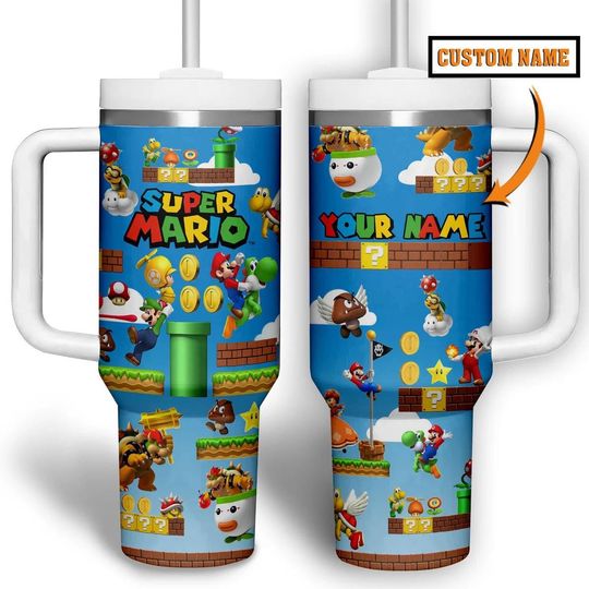 Personalized Super Mario Galaxy Tumbler 40 oz with Handle, Super Mario World Travel Tumbler for Gamers