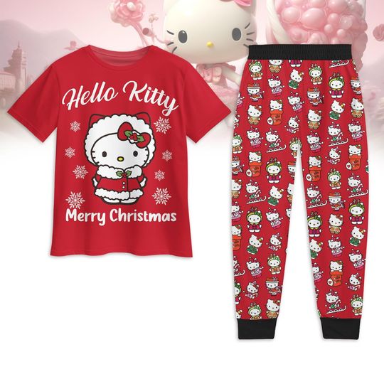 Christmas Hello Kitty Pajamas Set for Girls and Women, Kitty Cat T-Shirt Sleepwear