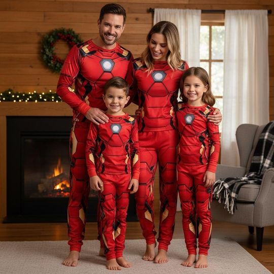 Superhero Christmas Family Pajama Set, Matching Long Sleeve Sleepwear for Adults, Holiday Loungewear, Christmas Gift