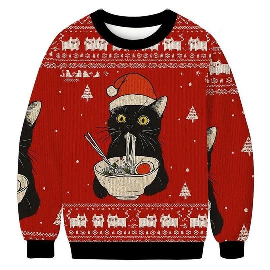 Black Cat Ramen Christmas Ugly Sweater, Funny Holiday Sweater, Cat Sweater For Men And Women, Xmas Gift