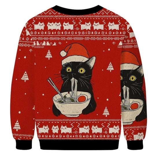Black Cat Ramen Christmas Ugly Sweater, Funny Holiday Sweater, Cat Sweater For Men And Women, Xmas Gift