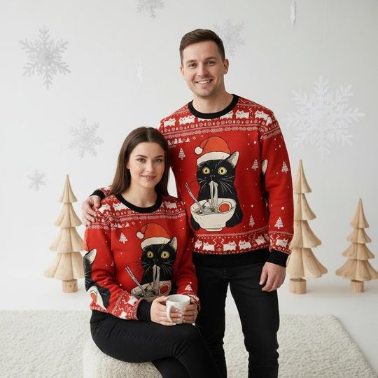 Black Cat Ramen Christmas Ugly Sweater, Funny Holiday Sweater, Cat Sweater For Men And Women, Xmas Gift