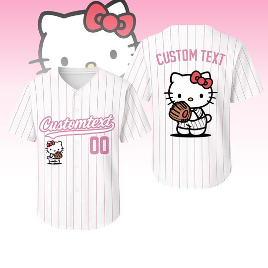 Personalized Hello Kitty Pink Baseball Jersey, Kawaii Pink Cat Jersey