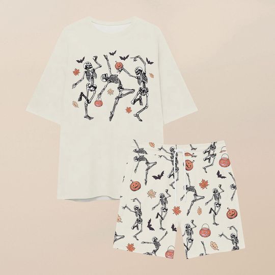 Halloween Dancing Skeleton Tshirt And Shorts, Funny Skeleton Pajamas Family, Halloween Pumpkin Pajamas For Her, Spooky Pajamas