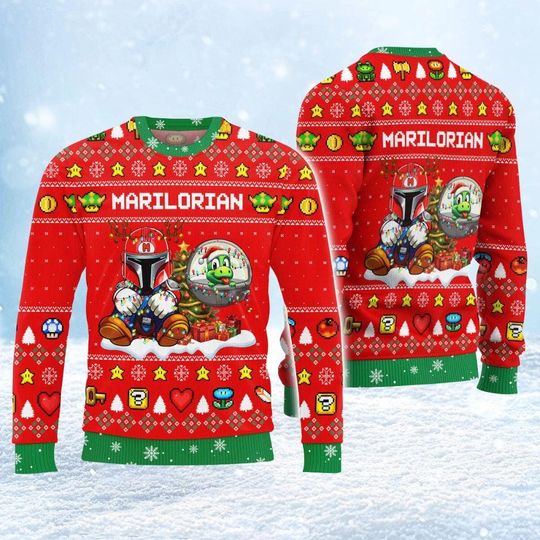 Mario And Mandalorian Ugly Christmas Sweater, Disney Star Wars Shirt, Darth Vader Sweater