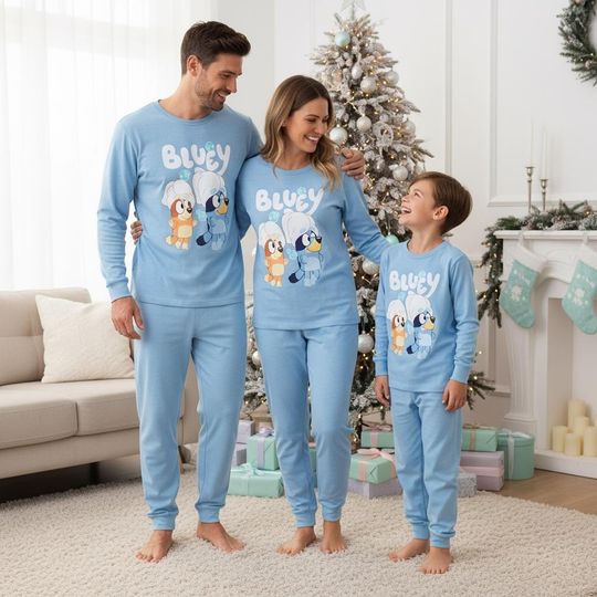 Blue Family Family Pajamas Set, Family Long Pajamas, Cartoon Long Tee & Pants PJs, Family Matching Pajamas Set, Pajama Family Gift