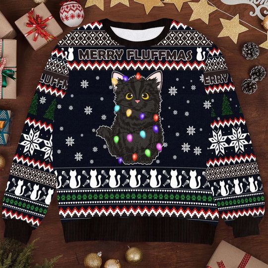 Black Cat Fluffmas Ugly Christmas Sweater, Funny Cat Xmas Sweater, Holiday Black Cat Sweater