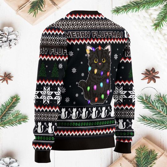Black Cat Fluffmas Ugly Christmas Sweater, Funny Cat Xmas Sweater, Holiday Black Cat Sweater