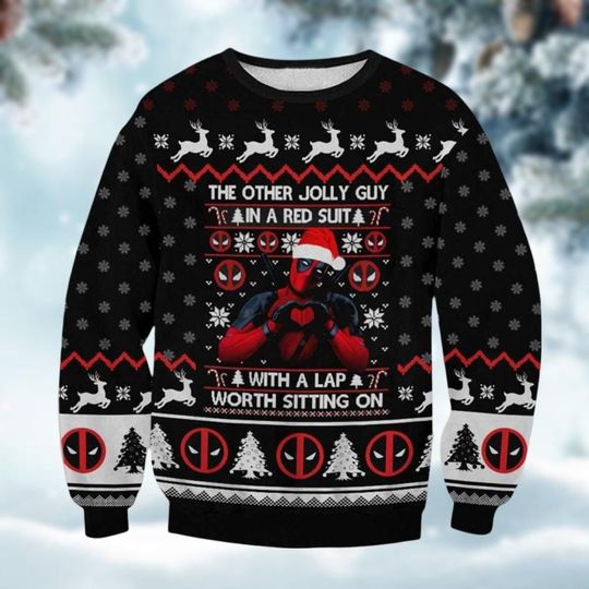 Deadpool Ugly Christmas Sweater, Superhero Xmas Movie Sweater, Hero Santa Hat Christmas Sweatshirt, Wade Wilson Sweater For Men