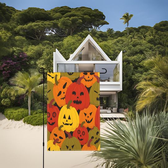Halloween Garden Flag | Spooky Pumpkin Patch with Jack-O'-Lantern Faces