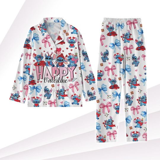 Stitch Valentine Pajamas Set, Happy Valentine Holiday Pajamas, Disneyland Trip Pajamas Women, Valentine Gift For Her, Magic Kingdom