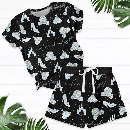 Meet Me At Midnight Tshirt And Shorts, Cinde Princess Pajamas For Her, Disneyland Trip Holiday Pajamas, Magic Kingdom Outfit