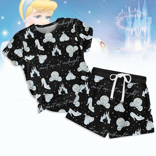 Meet Me At Midnight Tshirt And Shorts, Cinde Princess Pajamas For Her, Disneyland Trip Holiday Pajamas, Magic Kingdom Outfit
