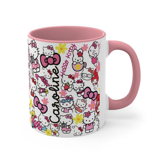Cat Lover Hello Kitty Pattern, Custom Name Birthday Gift, HK Accent Coffee Mug