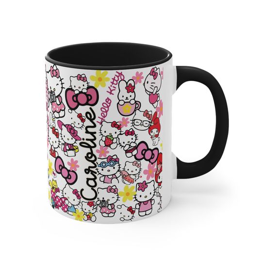 Cat Lover Hello Kitty Pattern, Custom Name Birthday Gift, HK Accent Coffee Mug