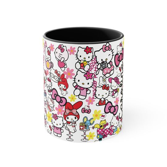 Cat Lover Hello Kitty Pattern, Custom Name Birthday Gift, HK Accent Coffee Mug