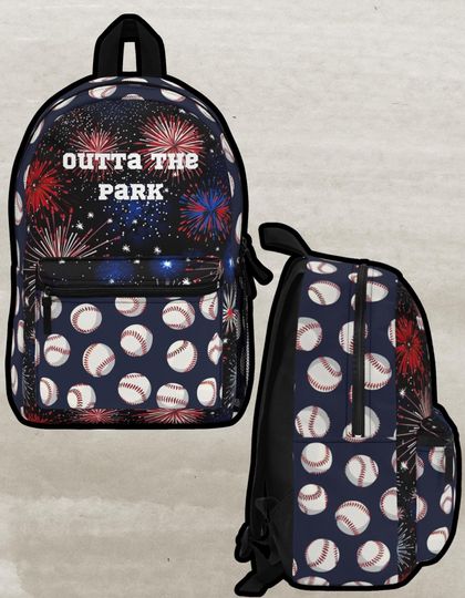 Outta the Park Baseball Backpack for Back to School, Fireworks and Baseball Design, Sports School Bag, Patriotic Kid Backpack,Back to School