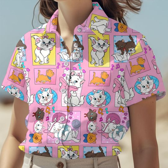 Disney Marie Button Shirt, Disney The Aristocats Summer Short, Marie Cat Lady Hawaiian Shirt, Birthday Gift Apparel For Kids, Animal Kingdom