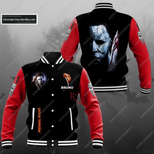 Personalized Michael Myers Colorful Baseball Jacket, Custom Halloween Baseball Jacket, Horror Movie Characters Baseball Jacket Man