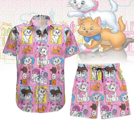 Disney Marie Button Shirt, Disney The Aristocats Summer Short, Marie Cat Lady Hawaiian Shirt, Birthday Gift Apparel For Kids, Animal Kingdom