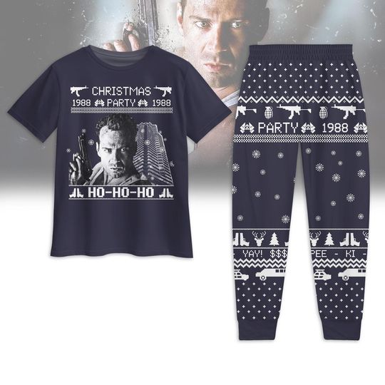 Die Hard Christmas Pajamas, Nakatomi Plaza Party Tshirt Pants Set, Christmas Party 1988 Holiday Pajamas, Funny Movie Xmas Pajamas Set