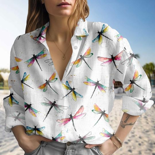 Watercolor Dragonfly Blouse Shirt for Women, Casual Summer Top, Nature-Inspired Print Button Shirt