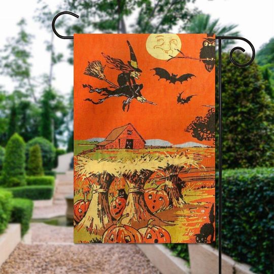 Vintage Halloween Garden Flag - Witch Flying Over Pumpkin Patch