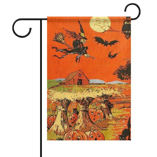 Vintage Halloween Garden Flag - Witch Flying Over Pumpkin Patch
