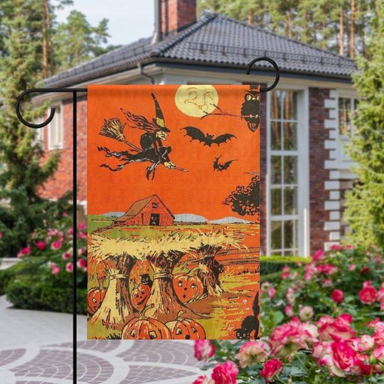 Vintage Halloween Garden Flag - Witch Flying Over Pumpkin Patch