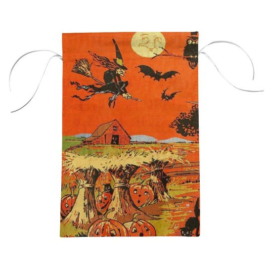 Vintage Halloween Garden Flag - Witch Flying Over Pumpkin Patch