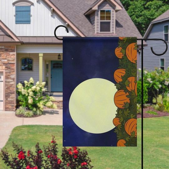 Full Moon and Pumpkin Patch Halloween Garden Flag - Spooky Fall Yard Decor